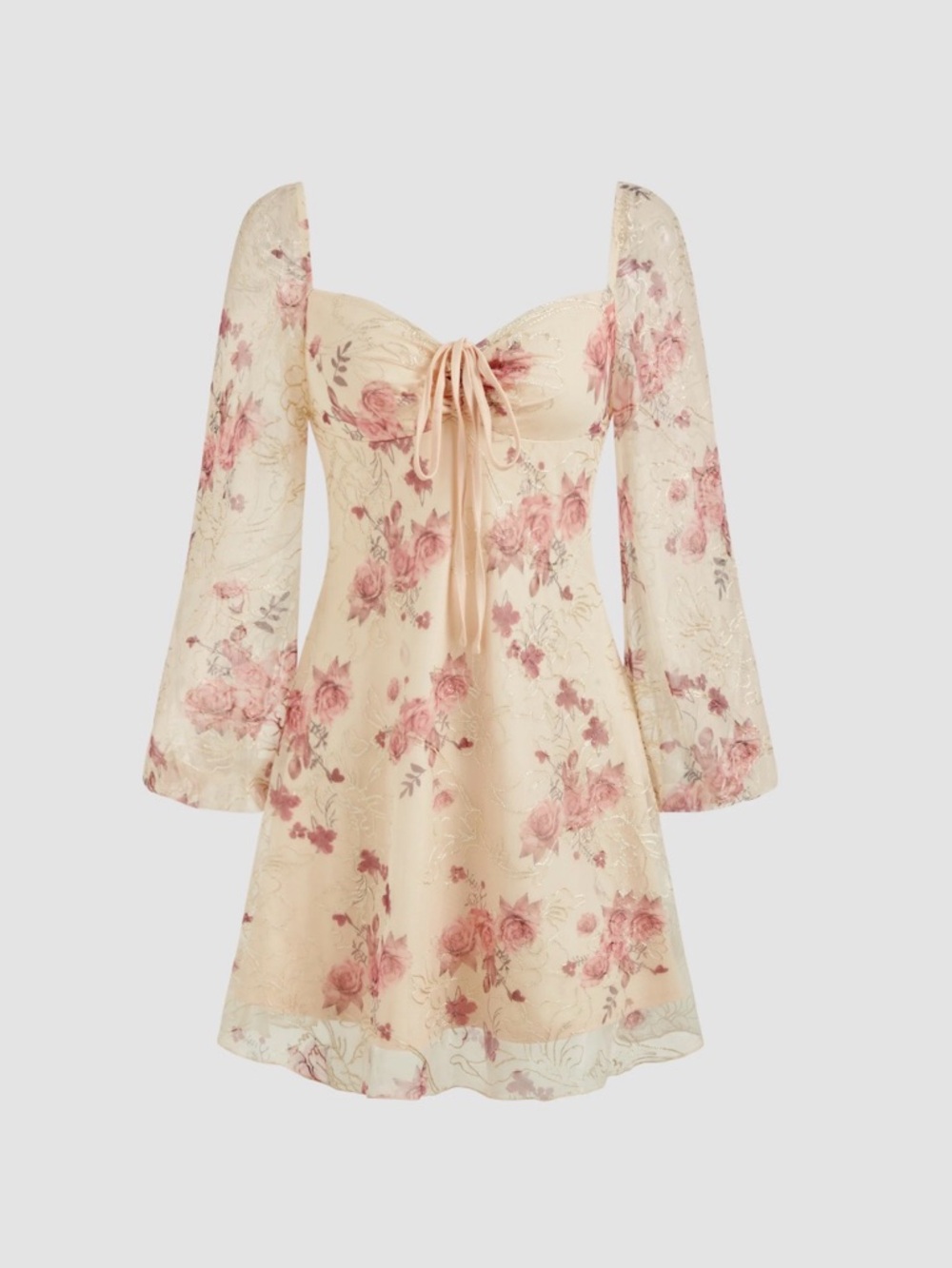 Cider Cream Floral Mini Dress with Pink Rose Print